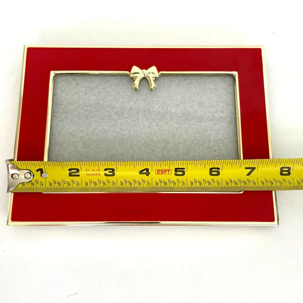 Vintage Red Enamel Gold Tone Bow Picture Frame 4x6 Landscape Tabletop Wall Decor